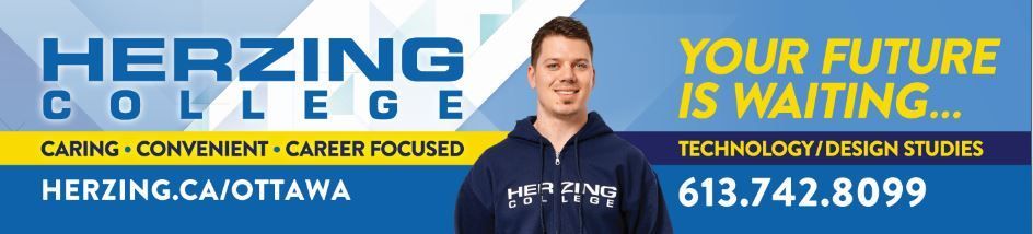 Herzing College HVACR program banner with smiling student, “Your future is waiting” and phone number 613-742-8099