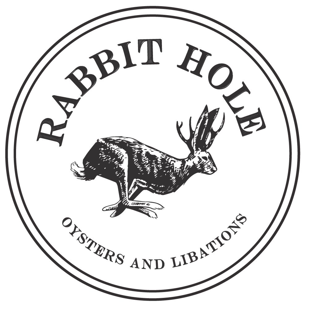 Rabbit Hole Oysters and Libations logo with a rabbit illustration in a circular black-and-white seal