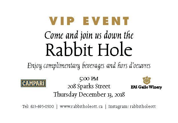Gold and black event flyer: “Come and join us down the Rabbit Hole” with date, time, and sponsors.