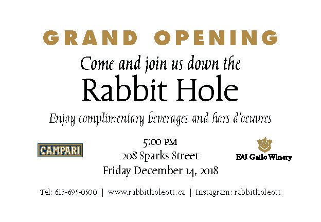 Grand opening flyer for Rabbit Hole with gold and black text, event details, and logos on a white background