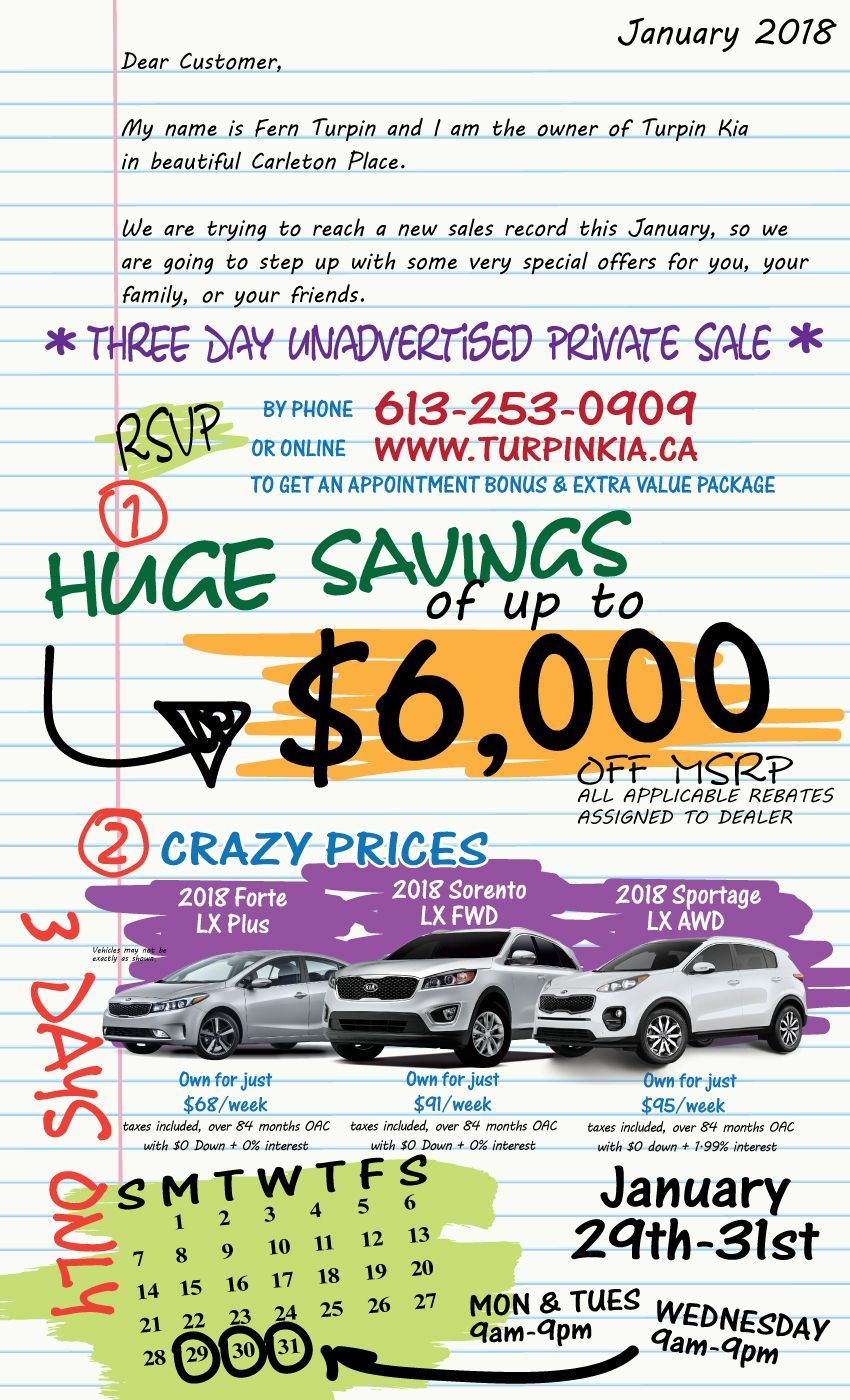 Handwritten ad for a January 2018 sale with “Huge Savings up to $6,000” and car images.