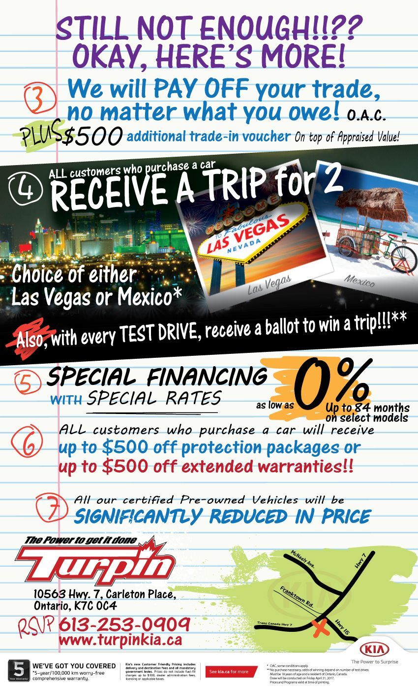 Tropic Air promo ad with “Receive a trip for 2,” special financing, and red/blue travel text on white background