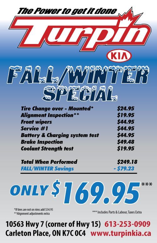 Turpin Kia fall/winter service special ad with $169.95 total and listed maintenance services