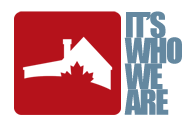 Red square logo with white house outline, maple leaf, and text: 
