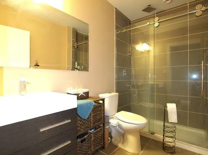 Bathroom with a dark vanity, white sink, toilet, and a glass shower with gray tiles.