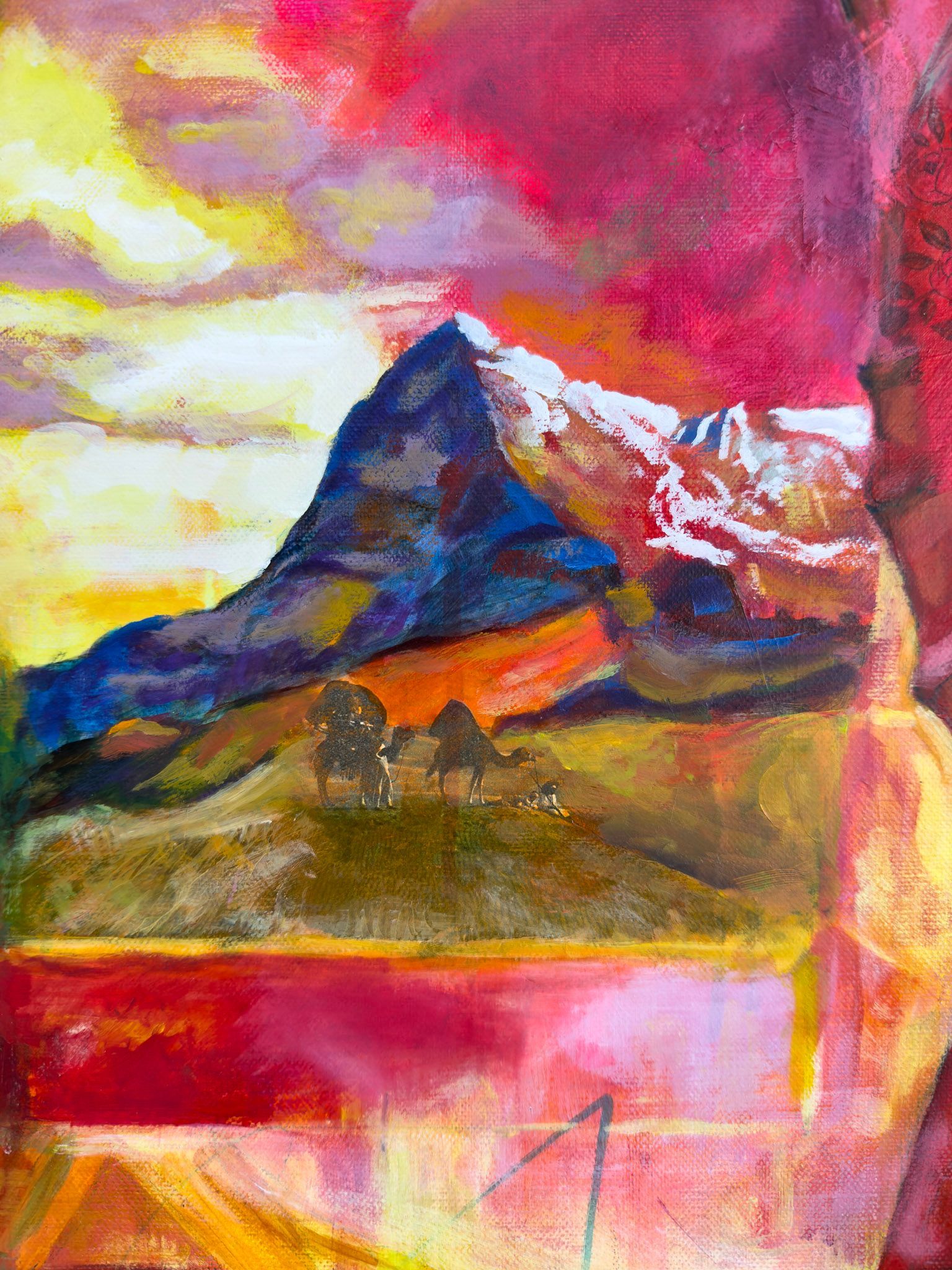 Vibrant painting of a mountain scene at sunset. A snow-capped peak with red, orange, and yellow hues.