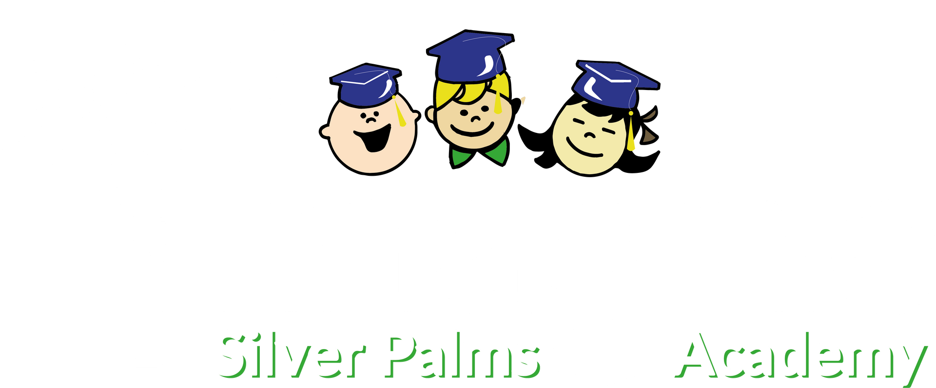 A logo for silver palms academy with three children wearing graduation caps