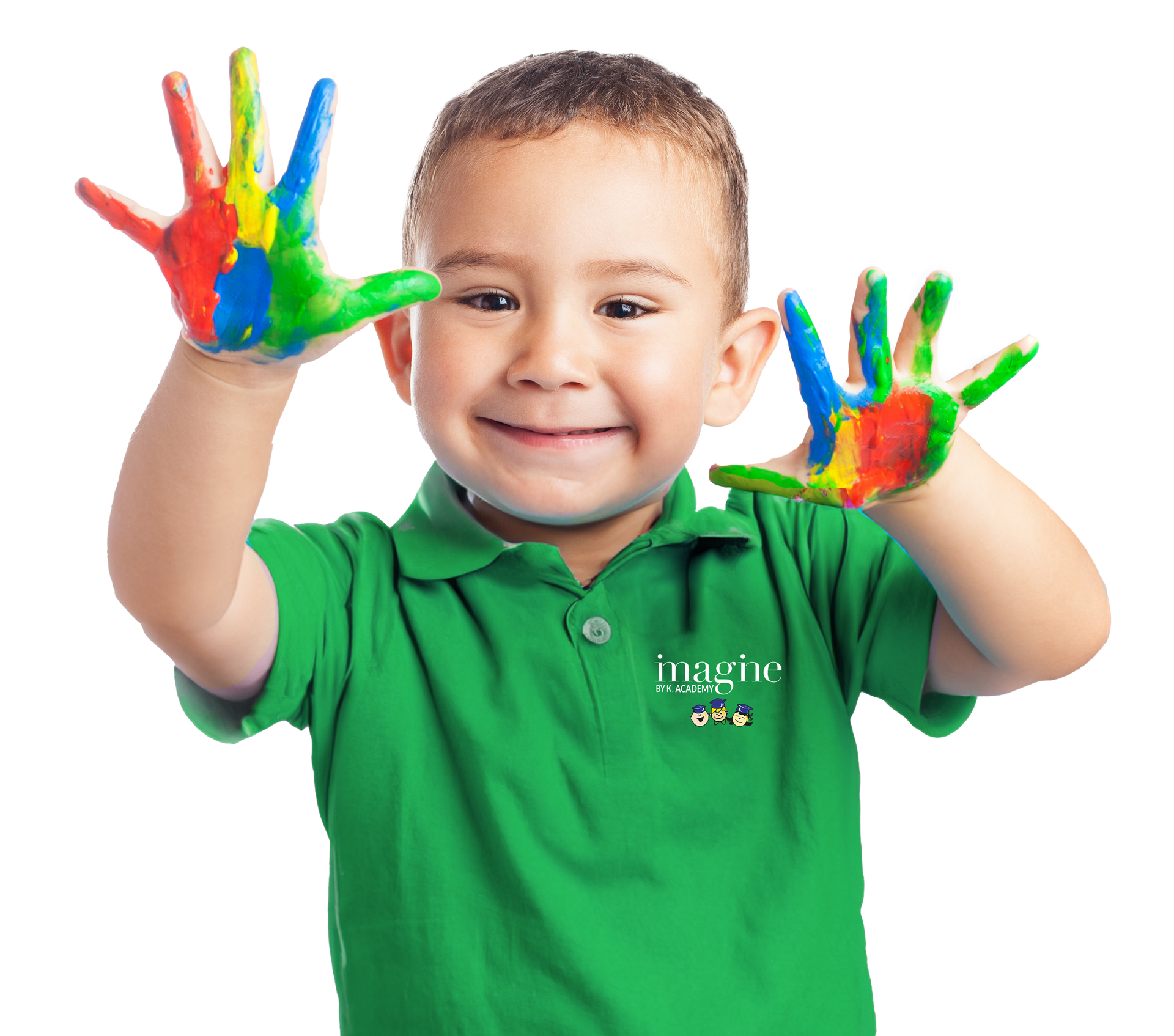 A young boy in a green shirt has paint on his hands