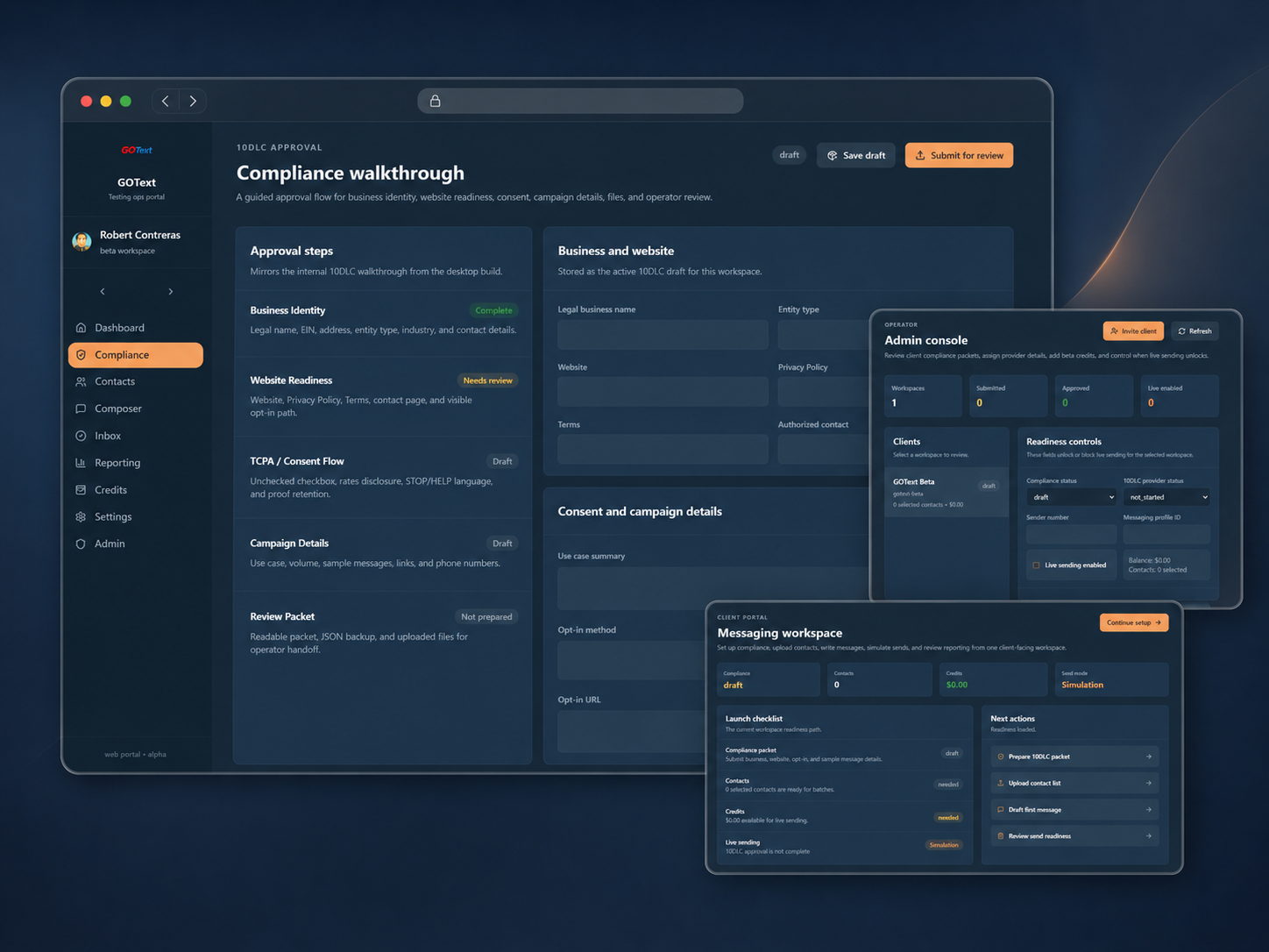 GOText dashboard interface