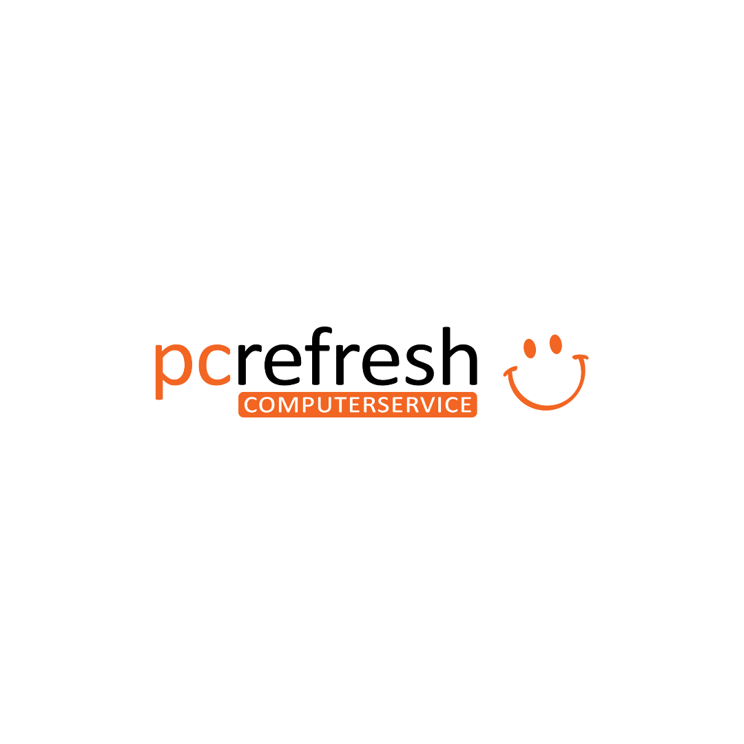 Een logo voor pcrefresh computer service met een smiley
