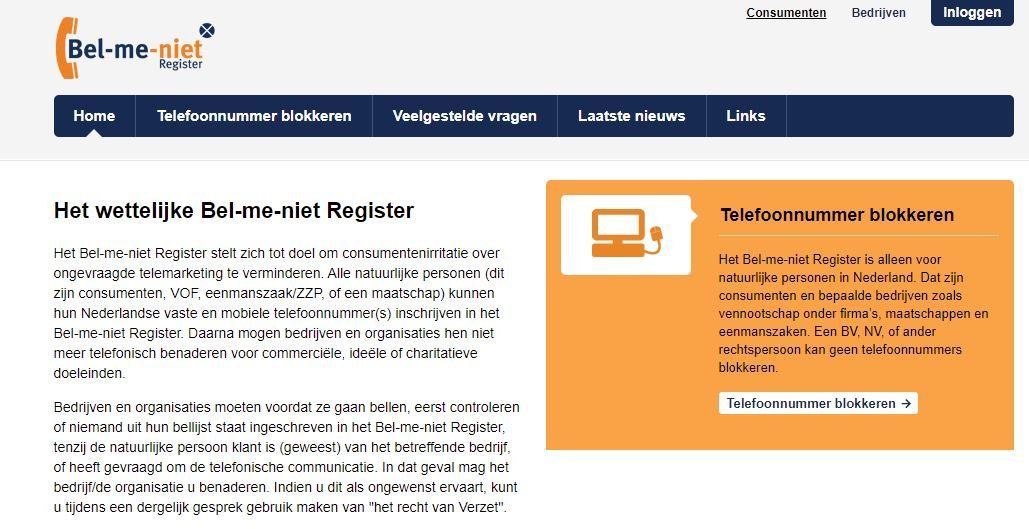 Bel me niet register
