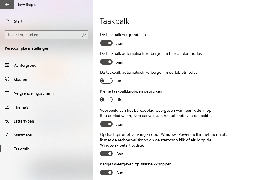Taakbalk instellingen