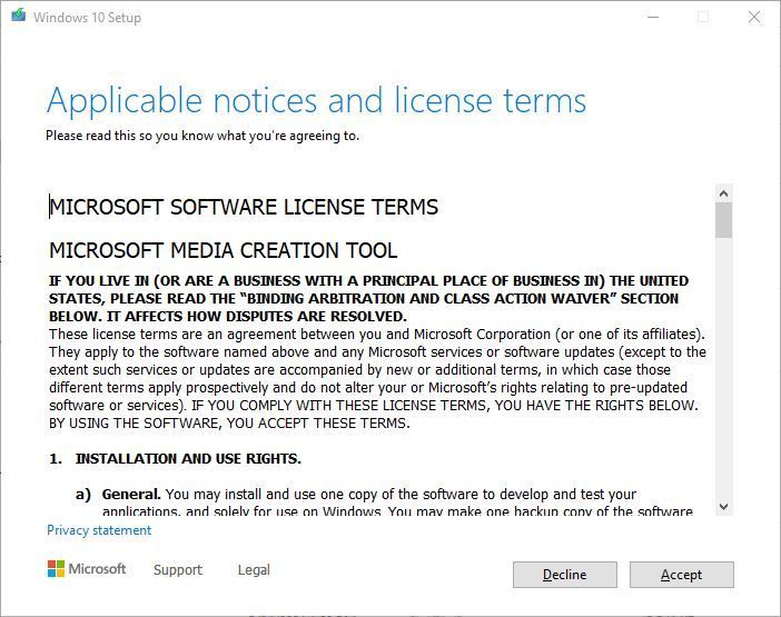 Microsoft Media Creation tool terms