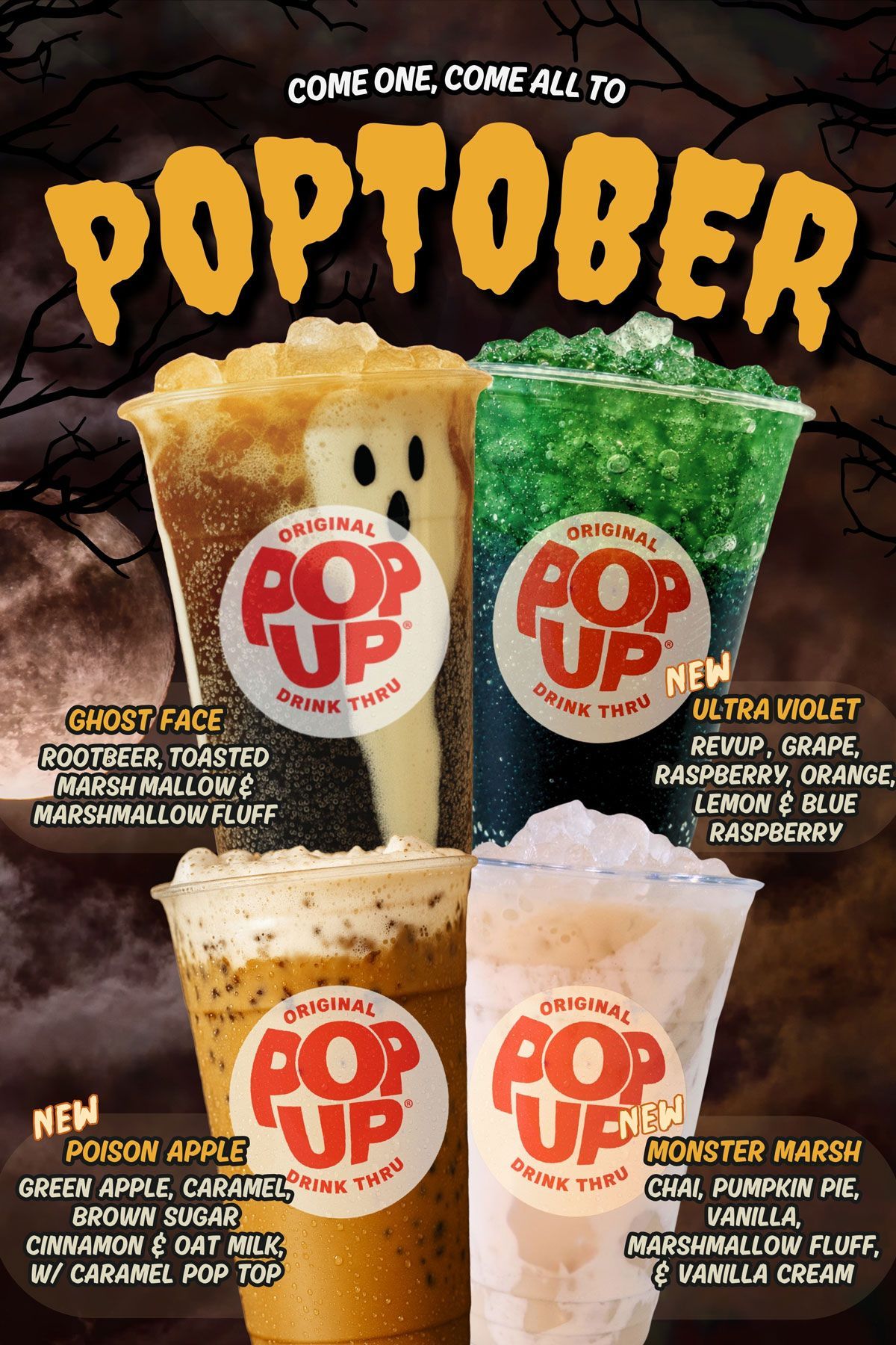 Poptober poster with four seasonal Pop-Tarts drinks in autumn flavors and colors on a dark background