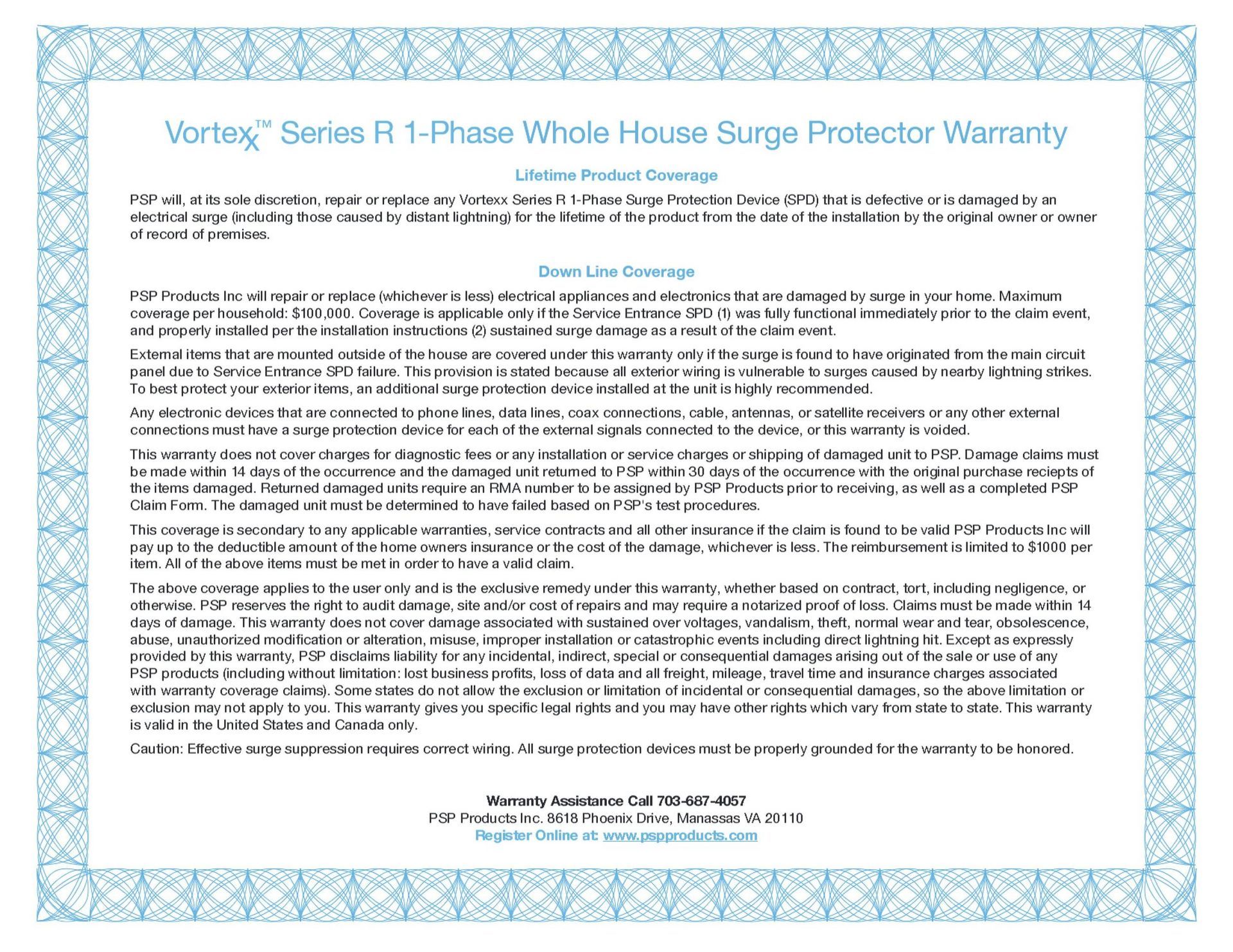 A formal document titled Vortex Series R 1-Phase Whole House Surge Protector Warranty with text outlining coverage details.
