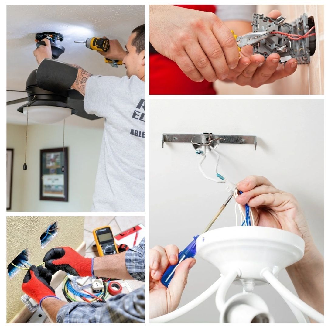 A collage showing a technician installing and wiring ceiling light fixtures and electrical outlets.