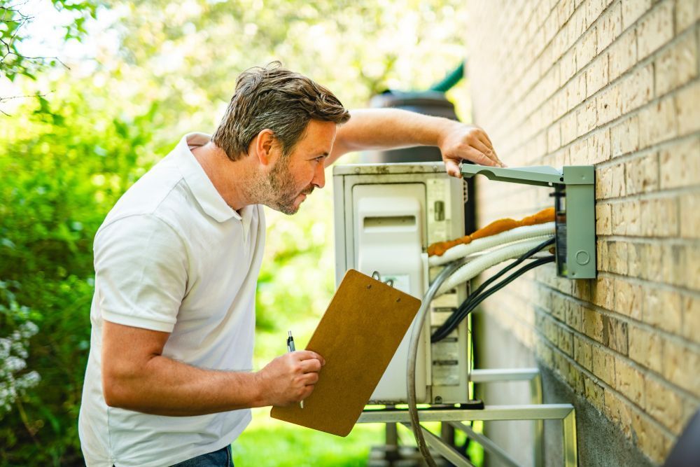 Technician inspecting outdoor HVAC disconnect