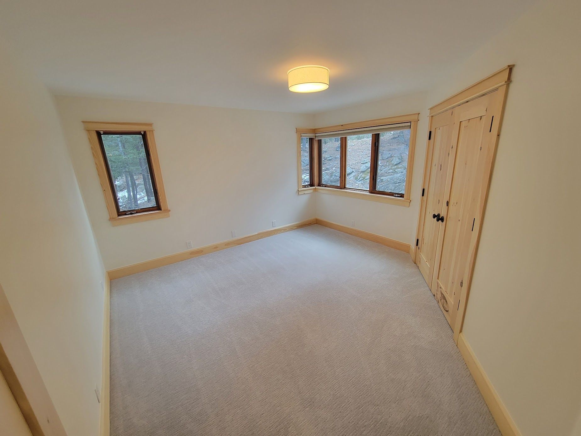Empty beige bedroom with carpet, bay windows, wood trim, and a ceiling light.