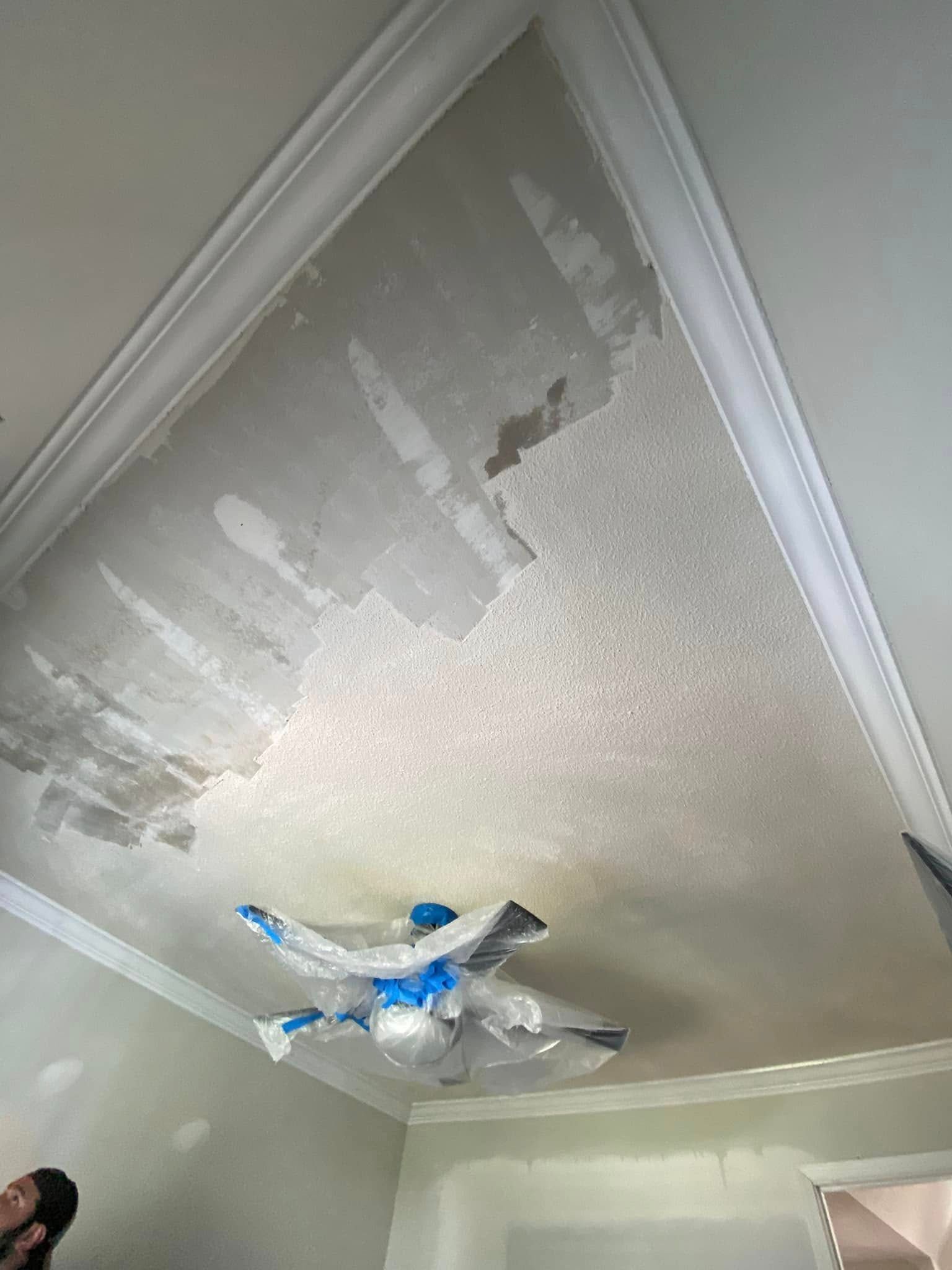 Peeling and patched ceiling around a covered light fixture in a white room
