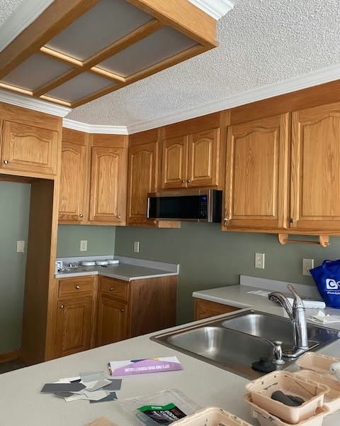 Wooden kitchen with upper cabinets, gray countertops, and a double sink under a ceiling light fixture
