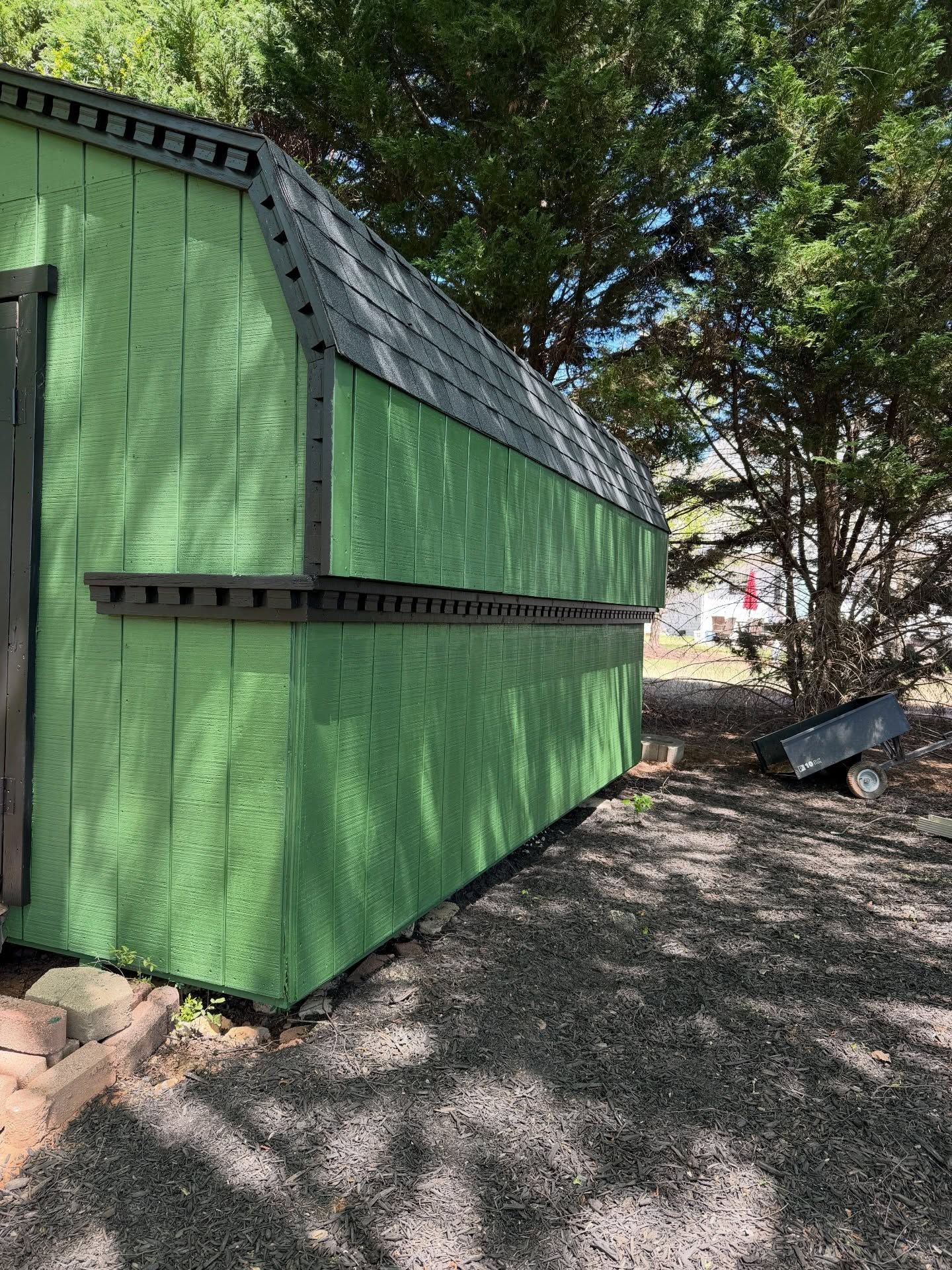 Green shed with dark trim beside trees on a gravel surface in dappled sunlight
