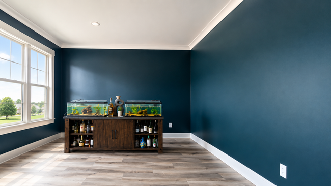 Blue kitchen island with white countertop in a modern open-plan kitchen