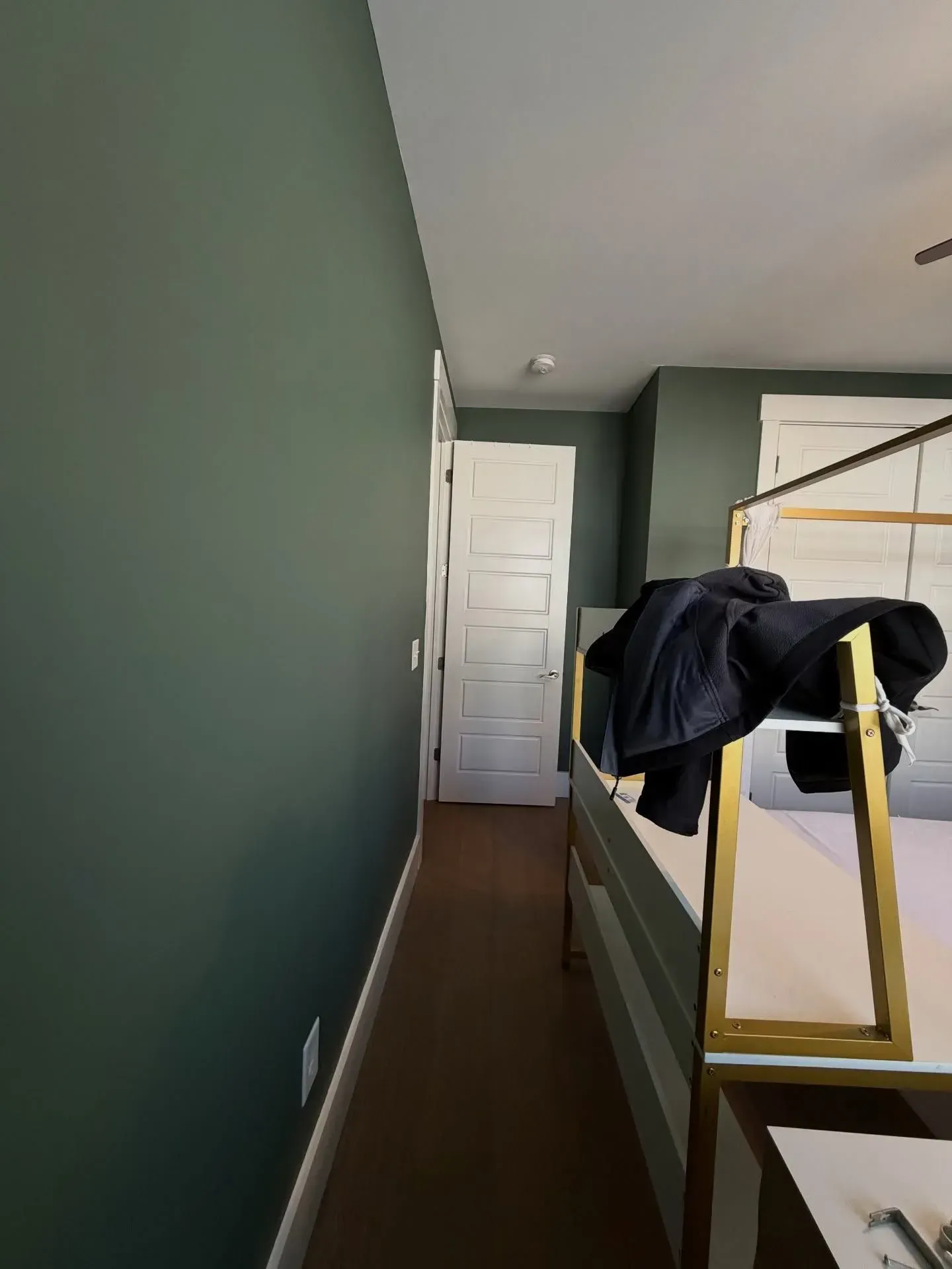 Narrow hallway with dark green walls, white door at the end, and a jacket draped over a yellow ladder rail.