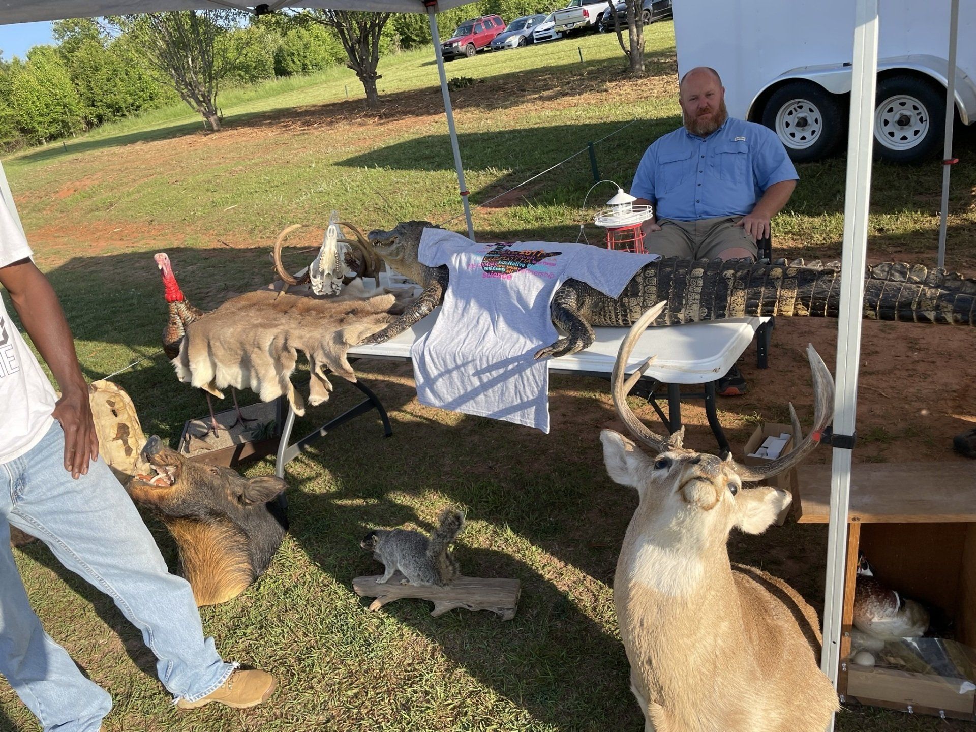 A man at an outdoor market table displaying taxidermy: deer head, fur, and alligator.