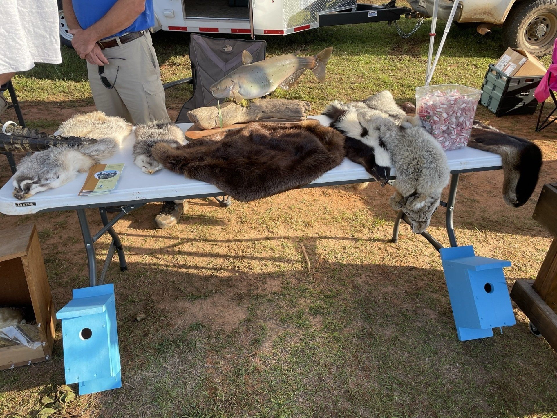 Table displaying furs and birdhouses at an outdoor market; person stands near.