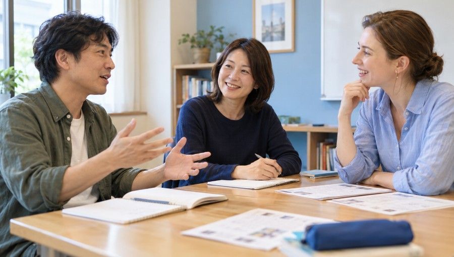 Three colleagues discuss papers around a table in a bright office meeting room.