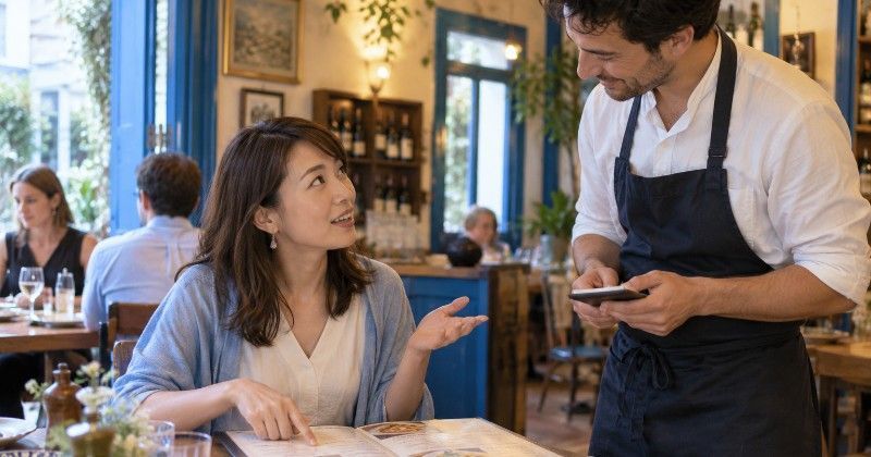 Waiter taking an order from a smiling customer in a cozy café