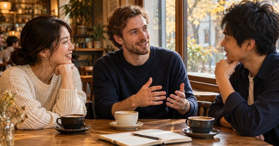 Three people chatting over coffee at a cozy café table with notebooks and cups