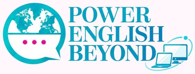 ティールカラーの地球儀と吹き出し、ノートパソコンのアイコンがあしらわれた「Power English Beyond」のロゴ