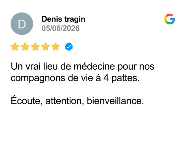 Avis Google 5 étoiles : vétérinaire bienveillant, texte « Un vrai lieu de médecine… »