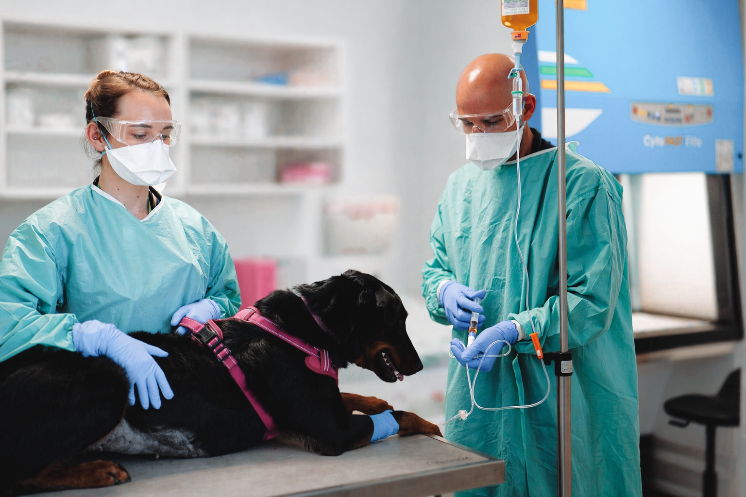 Un vétérinaire en blouse turquoise examine un chien noir sur une table d'examen, assisté d'un autre membre du personnel.