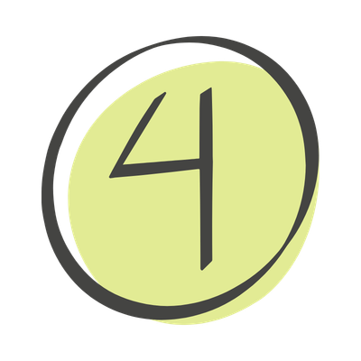 Chiffre 4 dessiné à la main à l'intérieur d'un cercle à contour noir et remplissage vert clair.