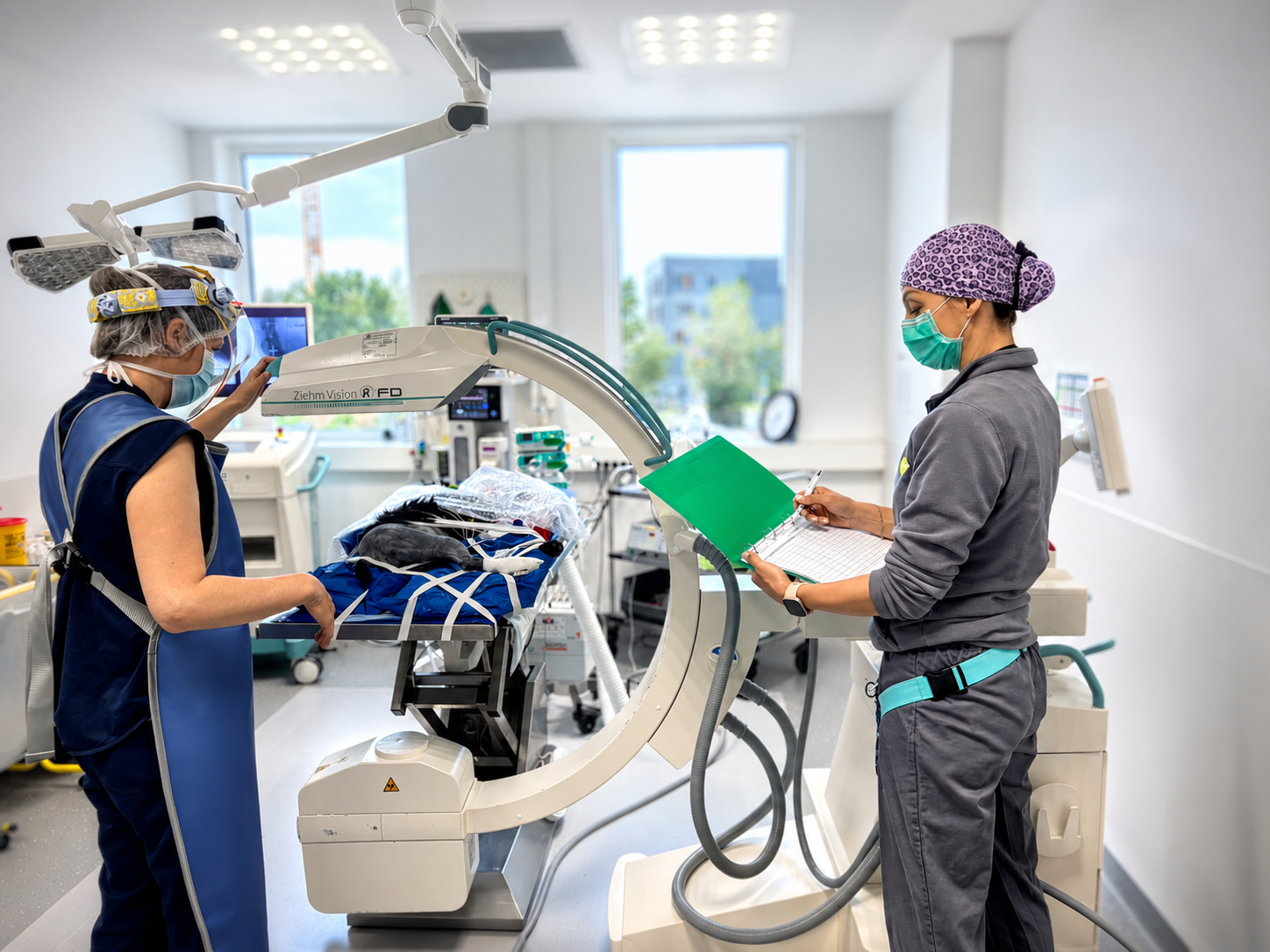 Deux cliniciens masqués travaillent près d'une table d'opération dans une salle d'opération lumineuse.