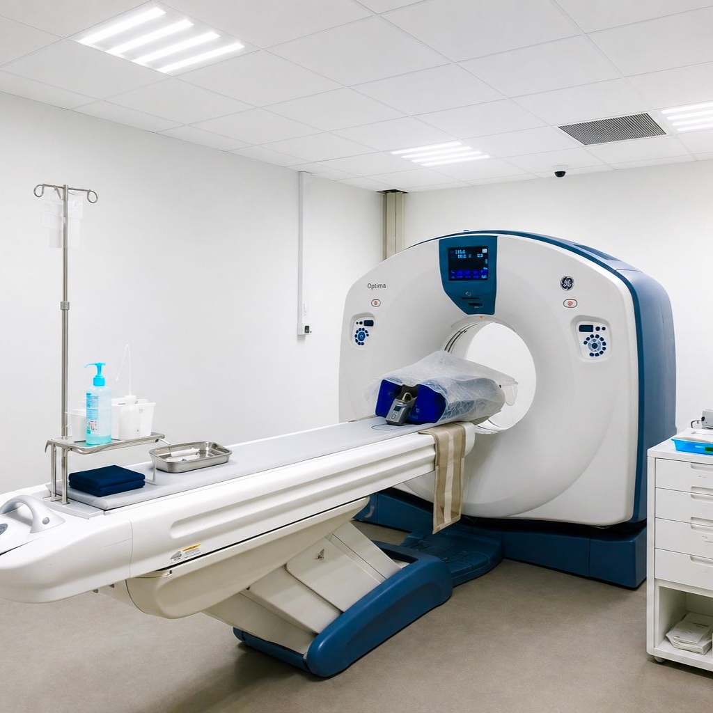 Scanner IRM dans une salle d'hôpital propre avec une table d'examen s'étendant vers l'extérieur