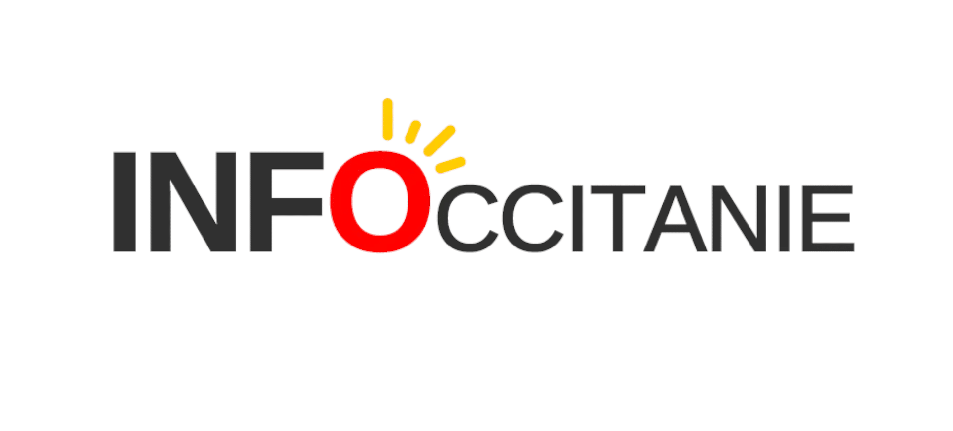 Logo de l'INFOCCITANIE avec texte noir, un « O » circulaire rouge et des rayons de soleil jaunes au-dessus.