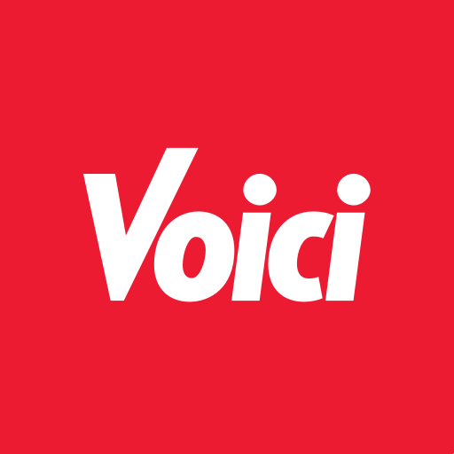 Logo blanc « Voici » sur fond rouge