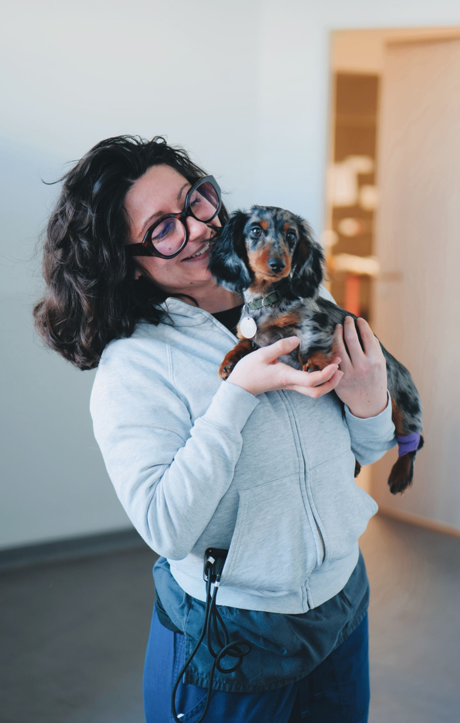 Une personne tenant un petit chien à l'intérieur, souriant et le regardant.