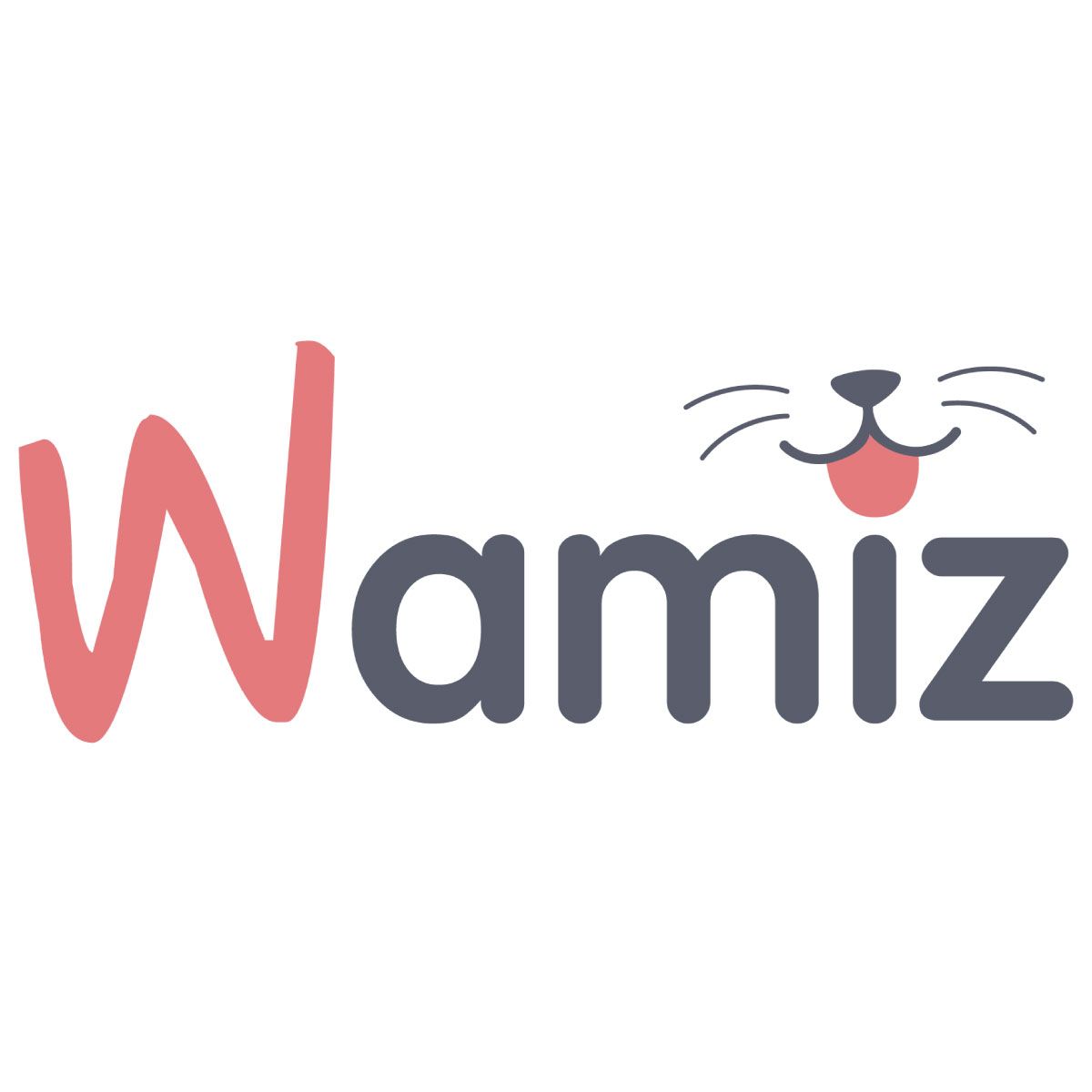 Logo Wamiz avec un « W » corail et « amiz » gris, surmonté d'une icône de chat souriant