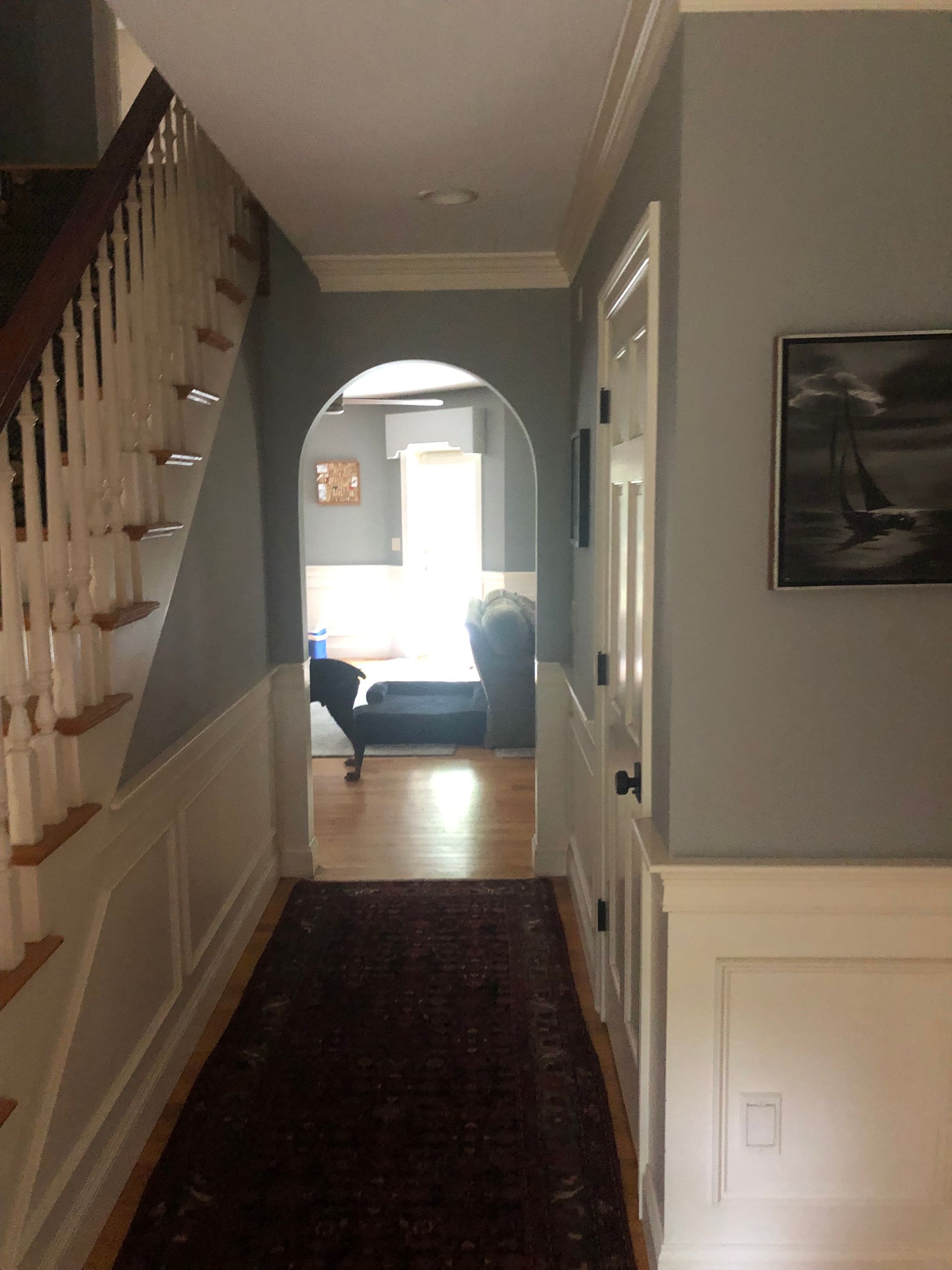Hallway with staircase, rug runner, and arched opening to a bright living room