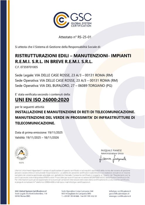 Documento di certificazione italiano con logo CSC, titolo in grassetto e timbri ufficiali su pagina bianca