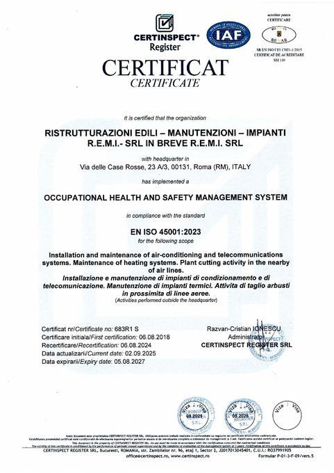 Certificato di certificazione ISO su carta bianca con testo blu e loghi ufficiali, esposto in posizione verticale.