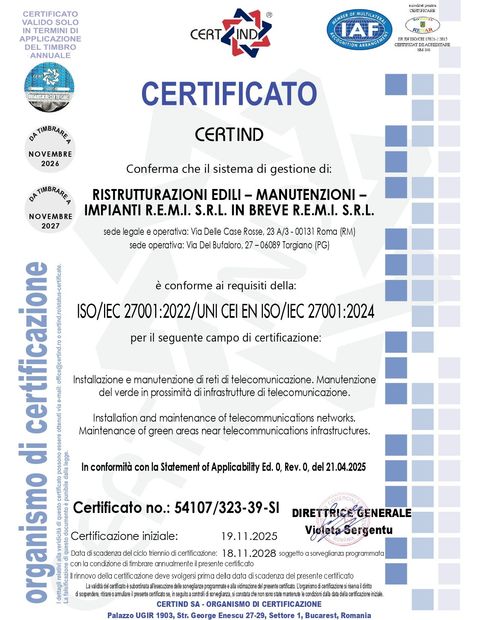 Certificato di conformità per ristrutturazioni edili e impianti, con logo e timbro ufficiale blu