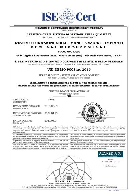 Documento di certificazione ISE Cert con sigilli e firme ufficiali su pagina bianca, con logo blu in alto.