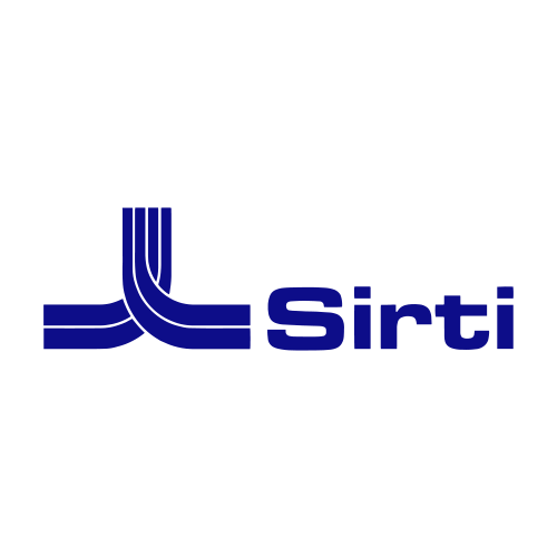 Logo Sirti blu con linee intrecciate stilizzate e testo su sfondo bianco.
