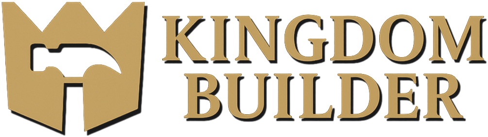 Logo with a crown and hammer within, "Kingdom Builder" in a serif font.