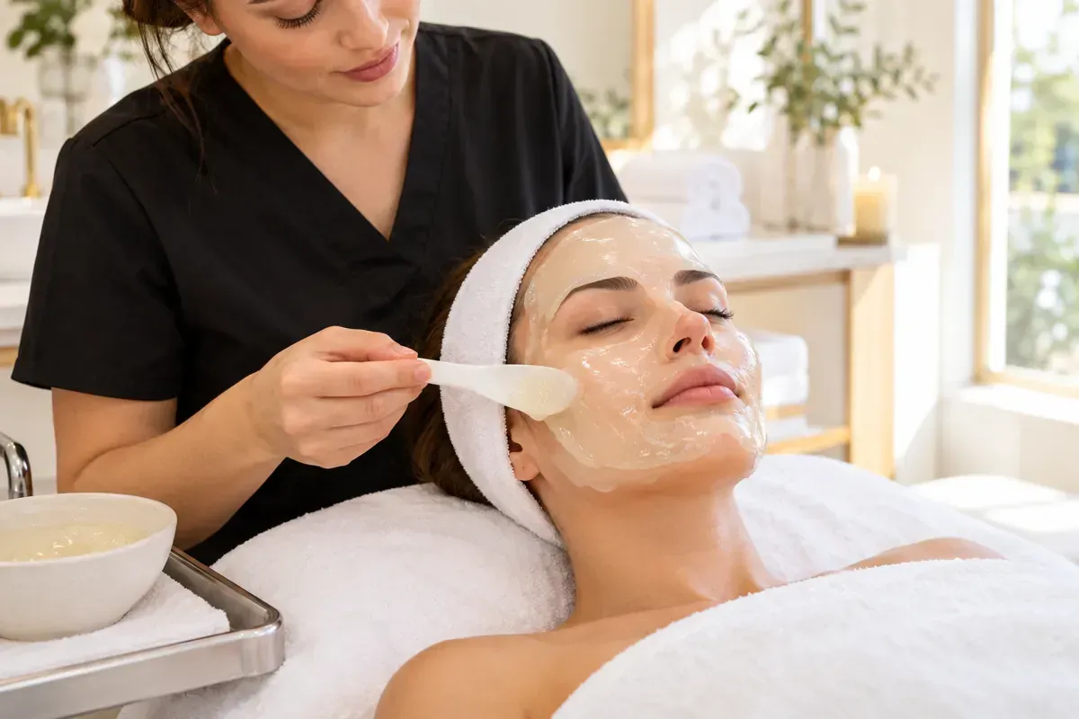 Aesthetician applying a gel facial mask with a spatula during a professional facial treatment.